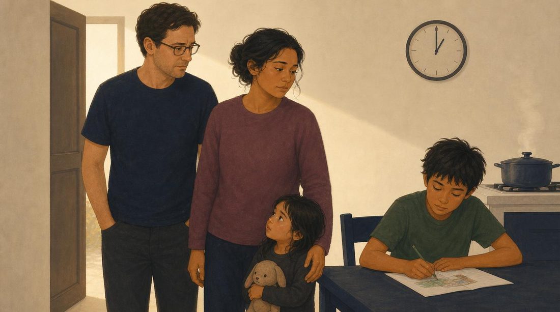 Warm illustration of a parent and two children at home in the early evening.