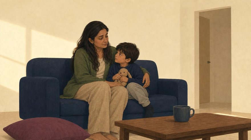An adult and child sitting close together at home — the calm a child borrows while their own steadiness grows.