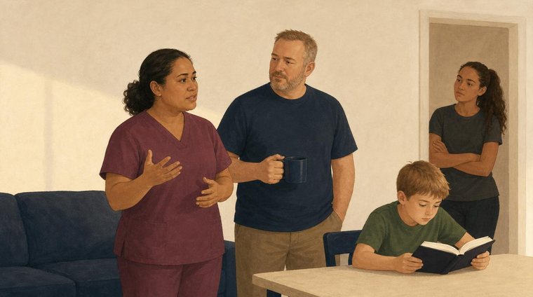 An illustrated family at home together.